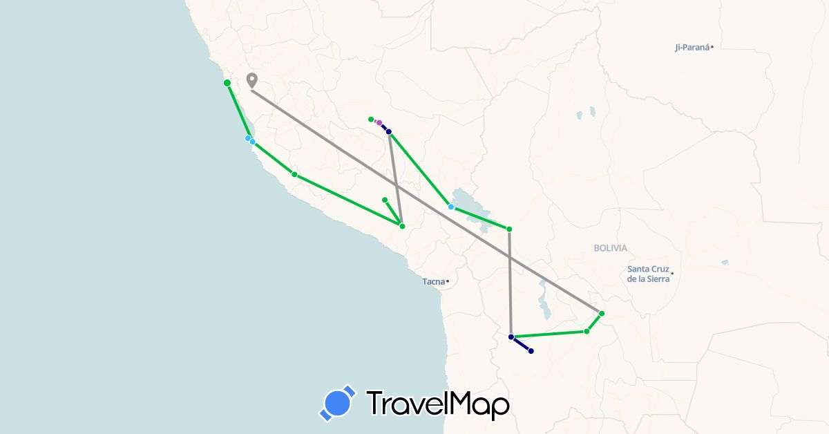 TravelMap itinerary: driving, bus, plane, train, boat in Bolivia, Peru (South America)